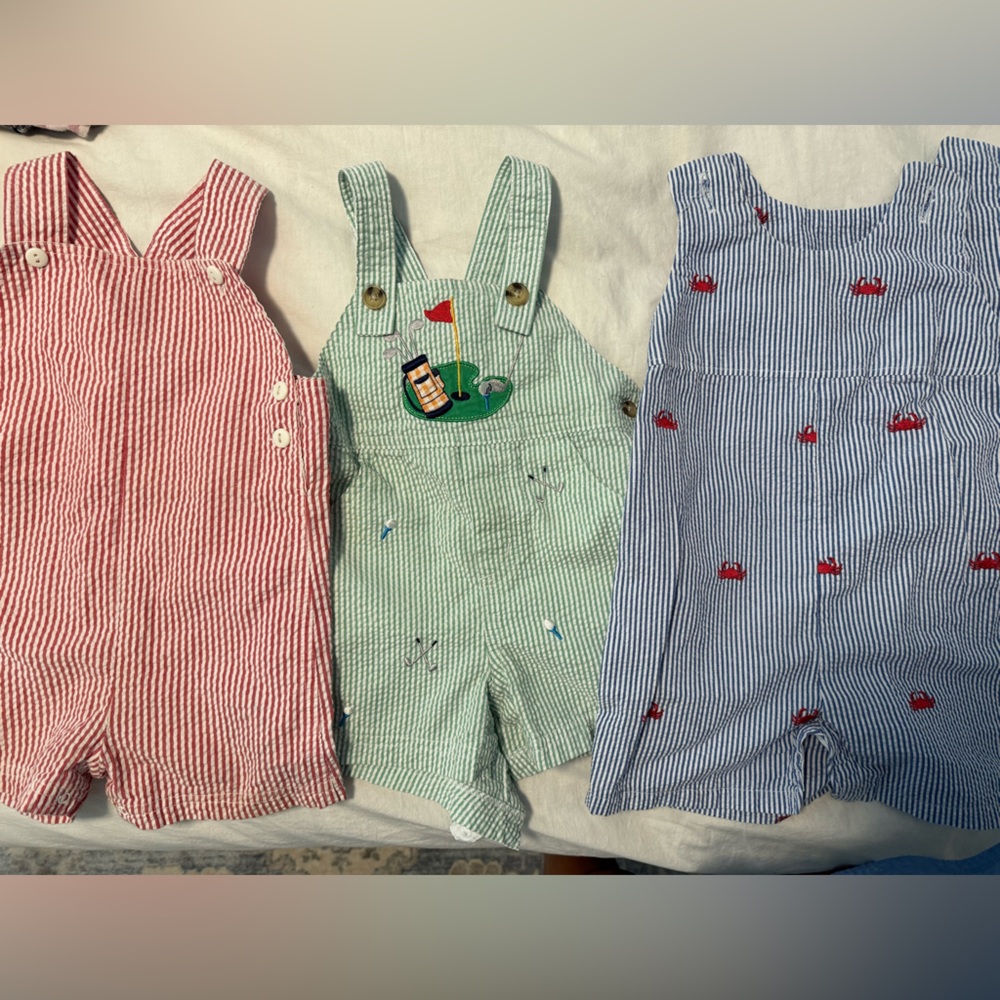 Seersucker boys overalls bundle - Red, Green (golf), Blue (red crabs)